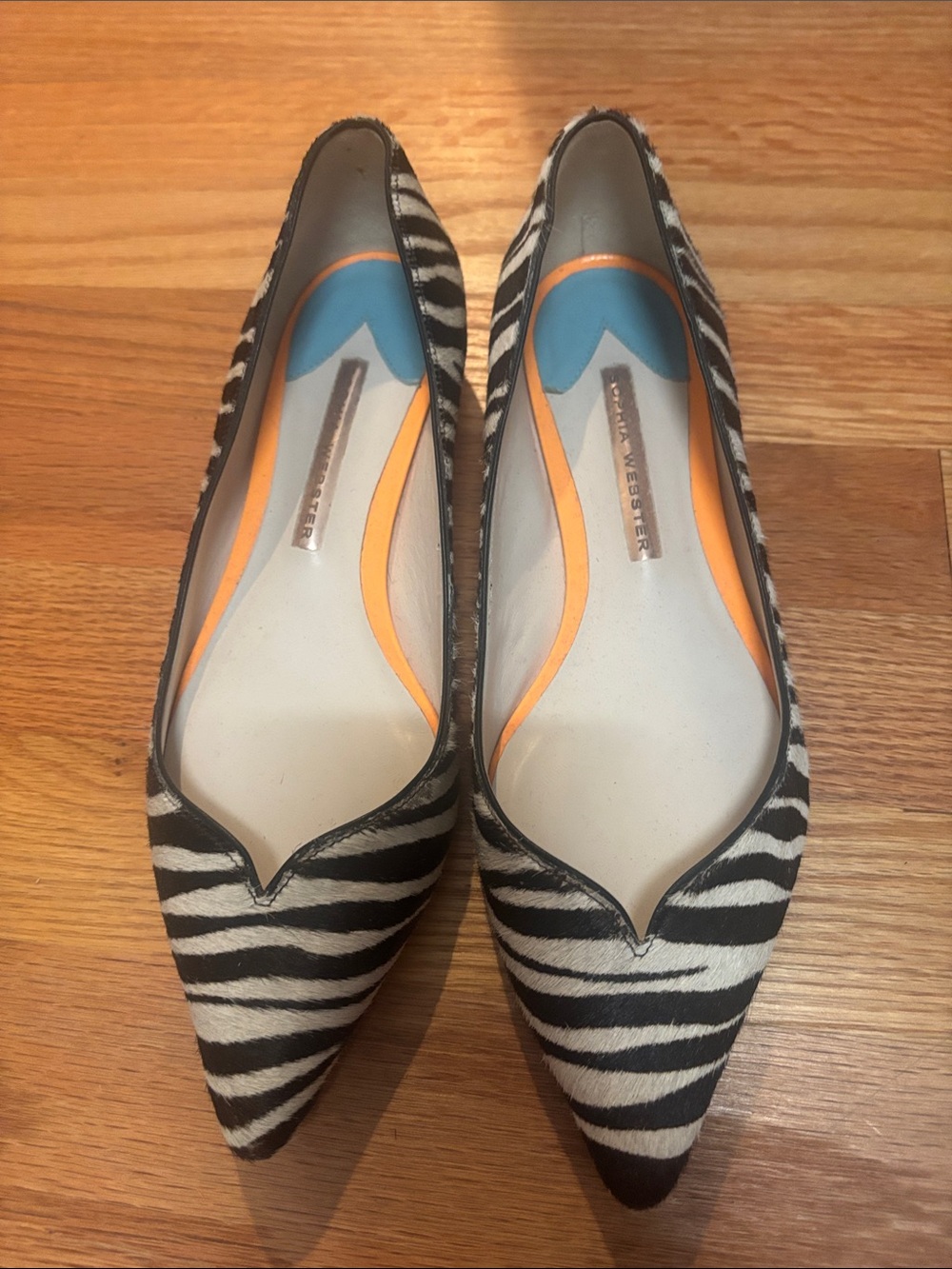 Sophia Webster Zebra Print Pointed Toe Flats with Blue & Orange Insole